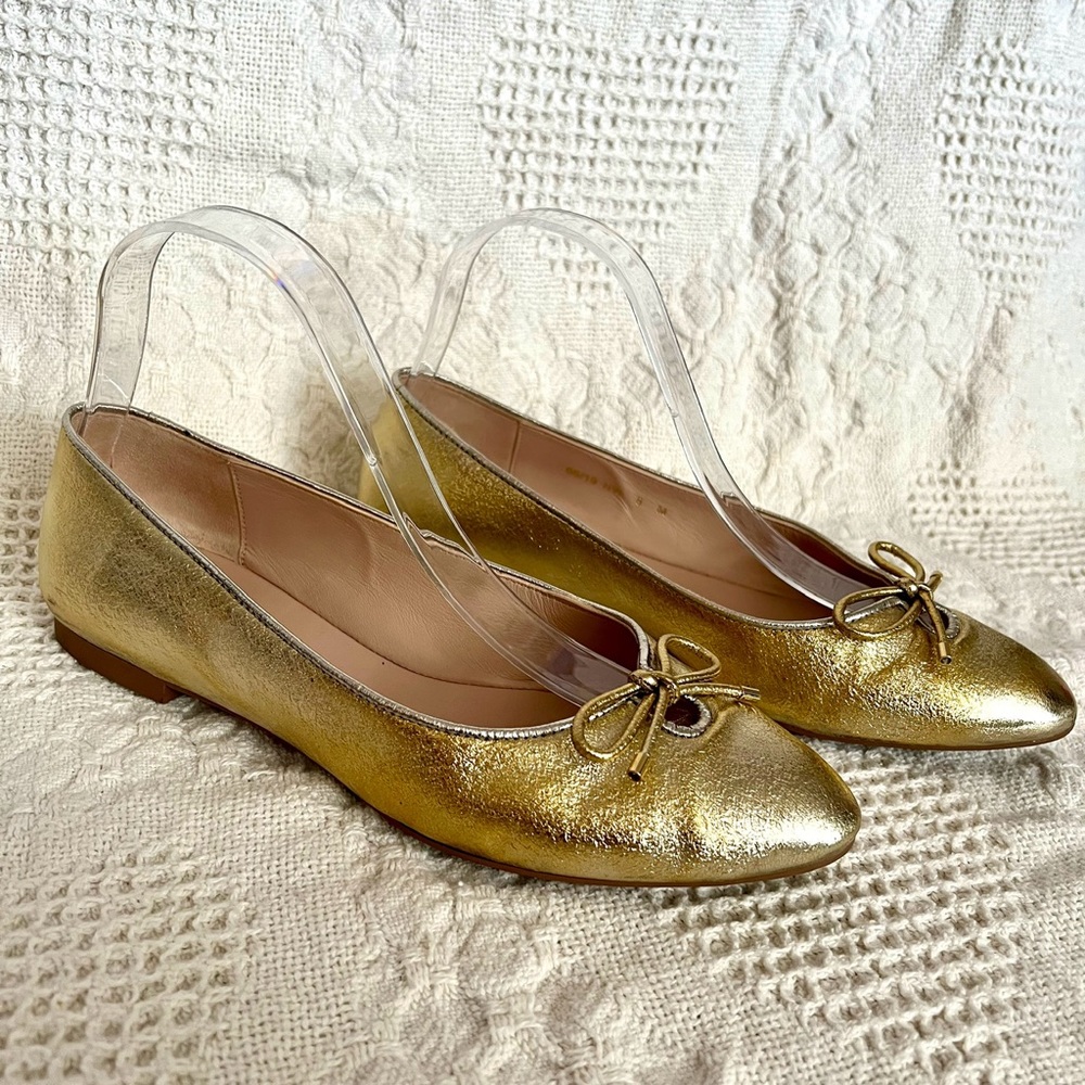 Stuart Weitzman Gabby Bow Flats Gold Silver Metallic Pointed Toe Comfortable - Picture 2 of 10